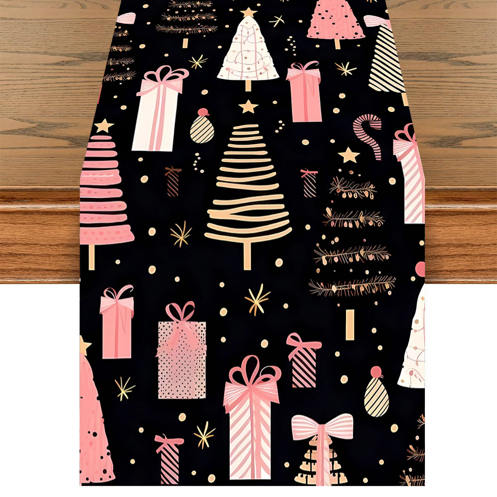 Christmas Table Runner - Kersttafelkleed Roze Kerstboom Cadeaudoos Patroon Polyester