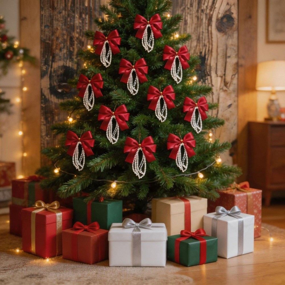 Gift Box Wrap Set - 12-delige set kerstboomstrikken, gouden draadjes, vintage